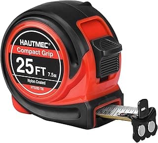 Fita métrica HAUTMEC Compact Grip 25 pés, vermelho e preto, com gancho magnético, fundo branco