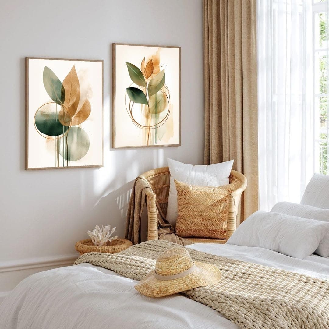 Quadros Decorativos Folha Abstrato Verde Bege boho moderno sala quarto com Moldura Kit 2 quadros (Moldura Bege, 40x60, Com Vidro)