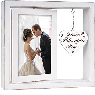 Porta-retrato flutuante giratório com foto de recém-casados e frase 'Let the Adventure Begin' em coração branco