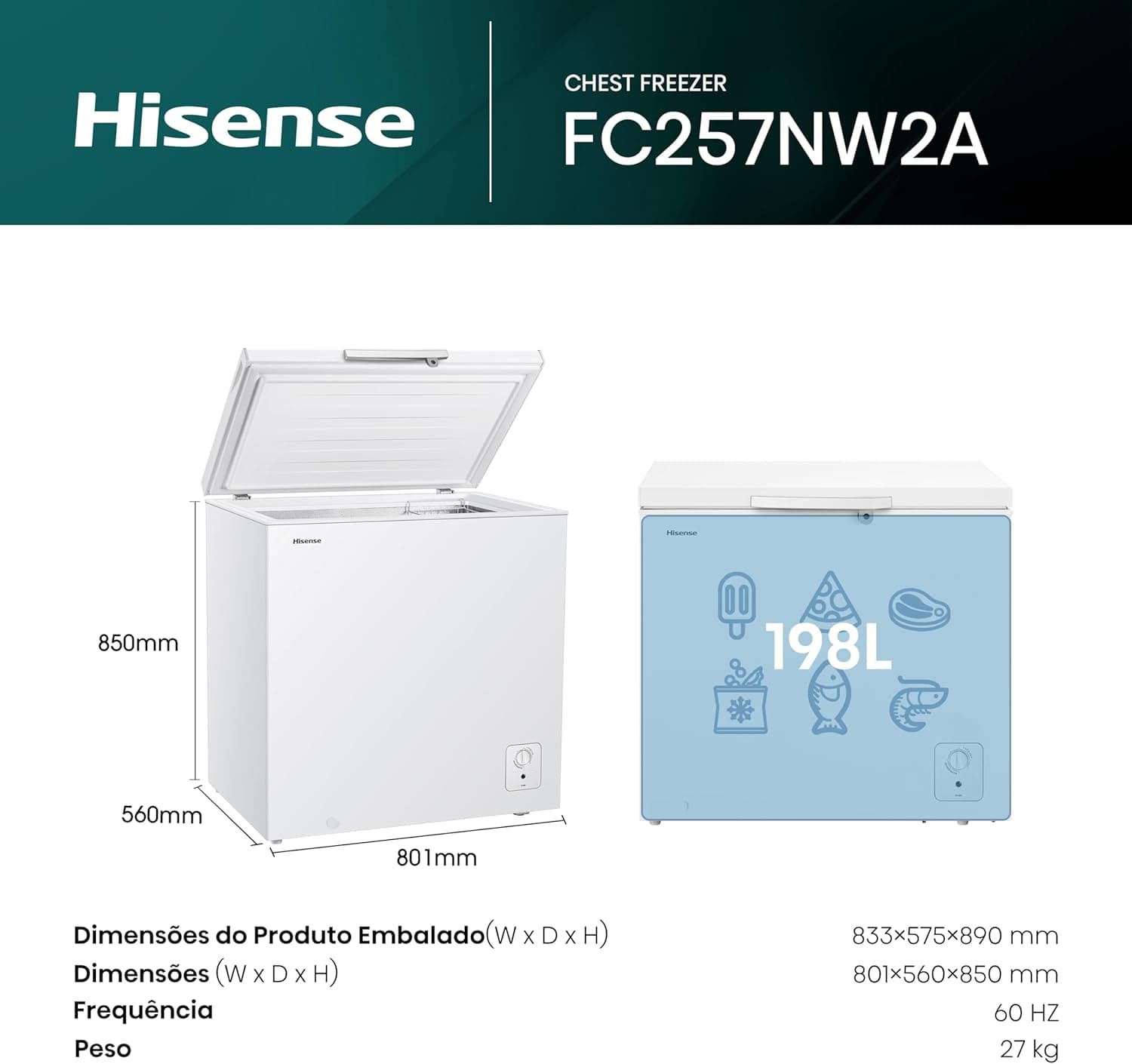 Freezer Horizontal Hisense FC257N Tripla Ação 198 Litros Branco 127 Volts