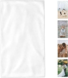 Toalha de mão branca em microfibra com exemplos de personalização com fotos.