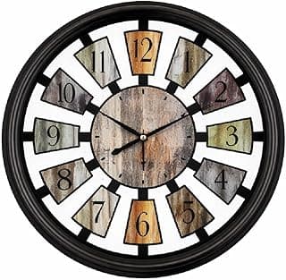 Relógio de Parede Redondo 36cm, Estilo Rústico Vintage Industrial, Analógico Silencioso, Numerais Coloridos, para Sala e Escritório