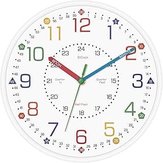 Lumuasky Relógio de parede infantil de 25,4 cm - Relógio de ensino educativo silencioso sem tique-taque para paredes de sala de aula e quartos de crianças - Relógio analógico colorido com sistema de
