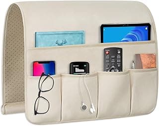 Suporte de controle remoto para poltrona, organizador de sofá para TV, 5 bolsos, cor bege.