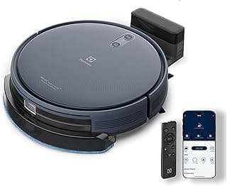Robô aspirador Electrolux cinza, base de carregamento e controle remoto, fundo branco
