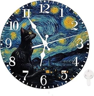 Relógio de parede redondo Ansouyi com gato preto e 'Noite Estrelada' de Van Gogh, silencioso e operado por bateria.