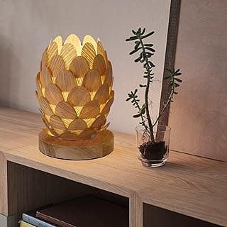 Candeeiro de mesa de flores de madeira Boho com base natural feito à mão, pequena mesa de cabeceira de vime vintage de vime de vime, luminária de mesa de cabeceira de bambu para quarto, sala de