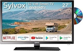 TV de 27 polegadas 12 volts Sylvox com Android TV, mostrando aplicativos como Netflix e YouTube