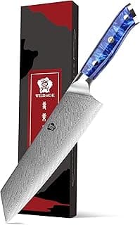 Faca clássica de chef mestre WILDMOK, aço damasco japonês, cabo ergonômico de resina azul, caixa de presente