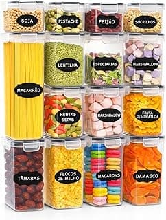 Kit de 15 potes herméticos transparentes com rótulos pretos para armazenamento de alimentos