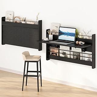 Escrivaninha Mesa para Computador Dobrável de Parede, Mesa para Escritório com Prateleiras de Armazenamento, Design Compacto, Preto