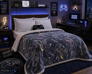 Manta Gamer Cobertor Solteiro Sherpa Infantil Dupla Face Brilha no Escuro,100% Poliéster Fleece macia Quentinha Inverno, 200x210 cm, Azul