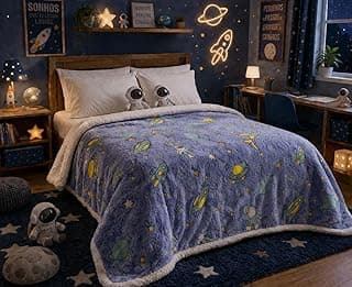 Manta com Sherpa Cobertor Brilha no Escuro Astronauta Menino,com Sherpa lã de Carneiro Dupla Face Size 200x210cm Cobertor Grosso Inverno, Azul Violeta