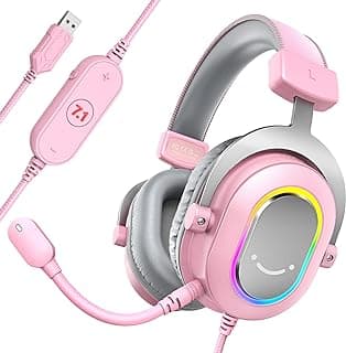 Fone de ouvido para jogos FIFINE, rosa e cinza, microfone USB, luz RGB
