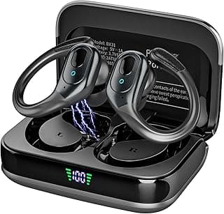 Fones de ouvido esportivos sem fio com caixa de carregamento, pretos, à prova d'água, Bluetooth, LED