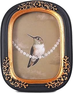 Porta-retrato vintage com beija-flor e corrente de pérolas, borda preta e bronze