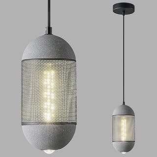 Luminária pendente de concreto cinza com acabamento metálico e luz interna, ideal para cozinha, sala de jantar ou quarto.