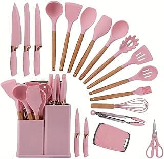 Kit 19 Peças de Utensílios de Cozinha: Silicone Premium com Cabo de Madeira e Conjunto de Facas, Inclui Tábua de Corte, Suporte e Tesoura - Antiaderente e Livre de BPA (Rosa)