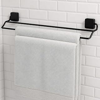Suporte de toalha de banho duplo preto para banheiro com dois toalhas brancos