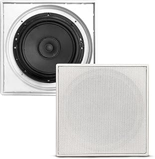 Caixa acústica quadrada branca para embutir no teto, com alto-falante preto e tecido texturizado branco.