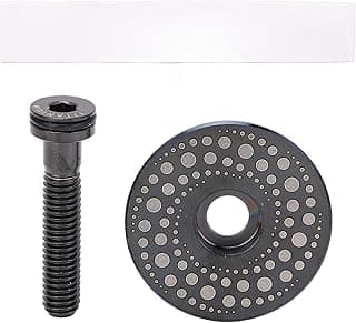 Parafuso preto e disco de metal cinza com pontos circulares sobre fundo branco