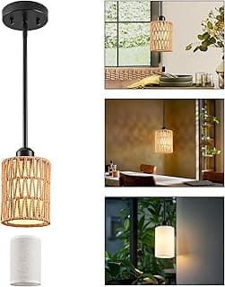 Luminária pendente estilo boho com cúpula de vime e linho para cozinha e sala de jantar