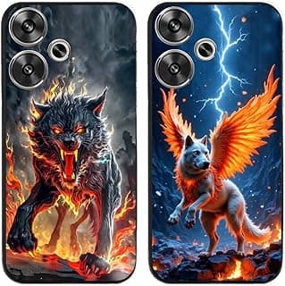 Capa de telefone com estampa de lobo em chamas e lobo alado, durável, degradável, gel de silicone, preto com detalhes em amarelo e laranja