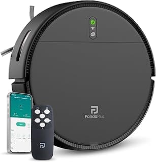 Robô aspirador de pó Panda Plus AMG-R1 com controle remoto e smartphone em fundo branco