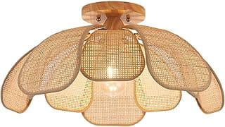 Boho 20 polegadas Rattan Flush Mount Luz de teto luminárias floridas abajur tecido à mão luminária de teto para quarto, cozinha, ilha, sala de jantar, sala de estar