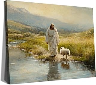 Quadro decorativo canvas abstrato religioso Jesus caminhando com cordeiro campo verde