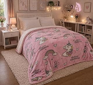 Cobertor Unicornio Manta Infantil Brilham no Escuro, Cobertor Dupla Face Sherpa Solteiro, 200x210 cm, Rosa