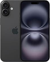Imagem do iPhone 16 Plus em preto mostrando o verso do dispositivo com a câmera dupla e o logotipo da Apple.