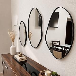 Kit 3 Espelhos Decorativos Orgânicos com Moldura em Couro Preto para Sala