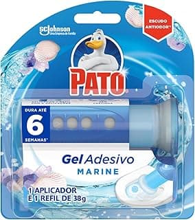Desodorizador sanitário Pato Gel Adesivo Marine com aplicador e 6 discos, embalagem azul com padrão de água e conchas