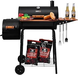 Churrasqueira a carvão Royal Gourmet CC1624W com prateleiras de madeira e malha, área de cozimento e carvão visíveis