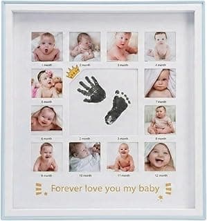 Porta retrato infantil com fotos do bebê de 1 a 12 meses, texto 'Forever love you my baby', moldura branca com borda azul