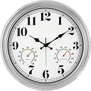 Relógio de parede vintage JENLYSTIME com termômetro e higrômetro, numerais grandes, branco e prateado