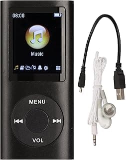 Leitor de MP3 preto com tela LCD, fone de ouvido e cabo USB