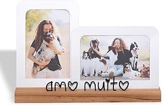 Porta Retrato Duplo Amo Muito, 2 fotos 10x15cm, Moldura de Metal e Madeira, branco, preto - GEGUTON