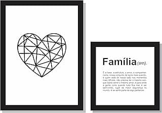 Quadro decorativo com desenho de coração e texto Família em preto e branco
