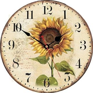 VIKMARI Relógio de parede de madeira com algarismos arábicos decorativos artísticos operados por bateria, quartzo silencioso, relógio redondo de 35,5 cm, girassol para quarto, sala de jantar
