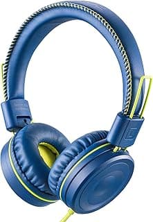 POWMEE Fone de ouvido infantil M1 com fio para crianças, dobrável, ajustável, estéreo, sem emaranhados, cabo de 3,5 mm para crianças (azul)