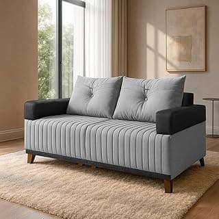 Sofá de dois lugares em tecido linho cinza e preto, design moderno, confortável e elegante.