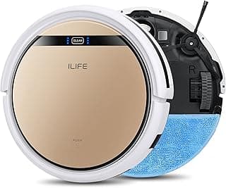 ILIFE V5s Pro aspirador de pó robô, circular com tampa branca, área de escovação bege e compartimento de água azul, em fundo branco.