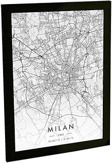 Quadro Decorativo A3 Mapa de Milão Itália Preto e Branco