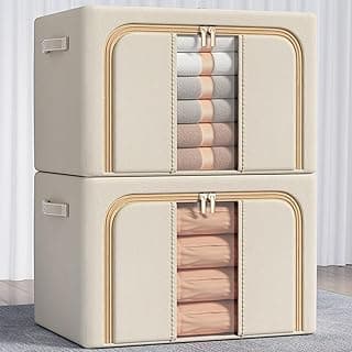 Kit 2 caixas de armazenamento dobráveis BEMMY, marrom-claro, com toalhas dobradas visíveis