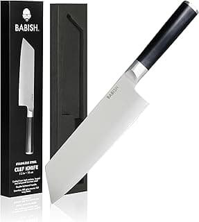 Faca de cozinha de 19 cm Babish, lâmina prateada, cabo preto, caixa preta com texto 'BABIS' e 'CLEF KNIFE'.