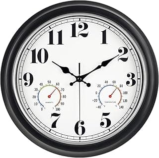 Relógio de parede vintage com termômetro e higrômetro, mostrador preto e branco
