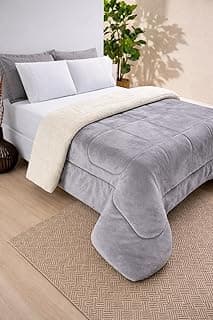 Edredom Sherpa cinza para cama queen com detalhes de pele de carneiro peludo