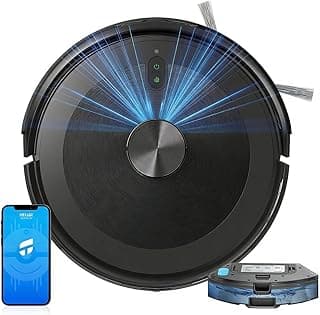 Robô aspirador de pó preto com luzes azuis, smartphone com aplicativo de controle e base de carregamento.